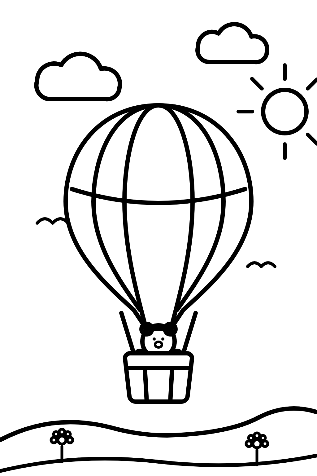 Colouring page of a bear riding in a hot air balloon over hills