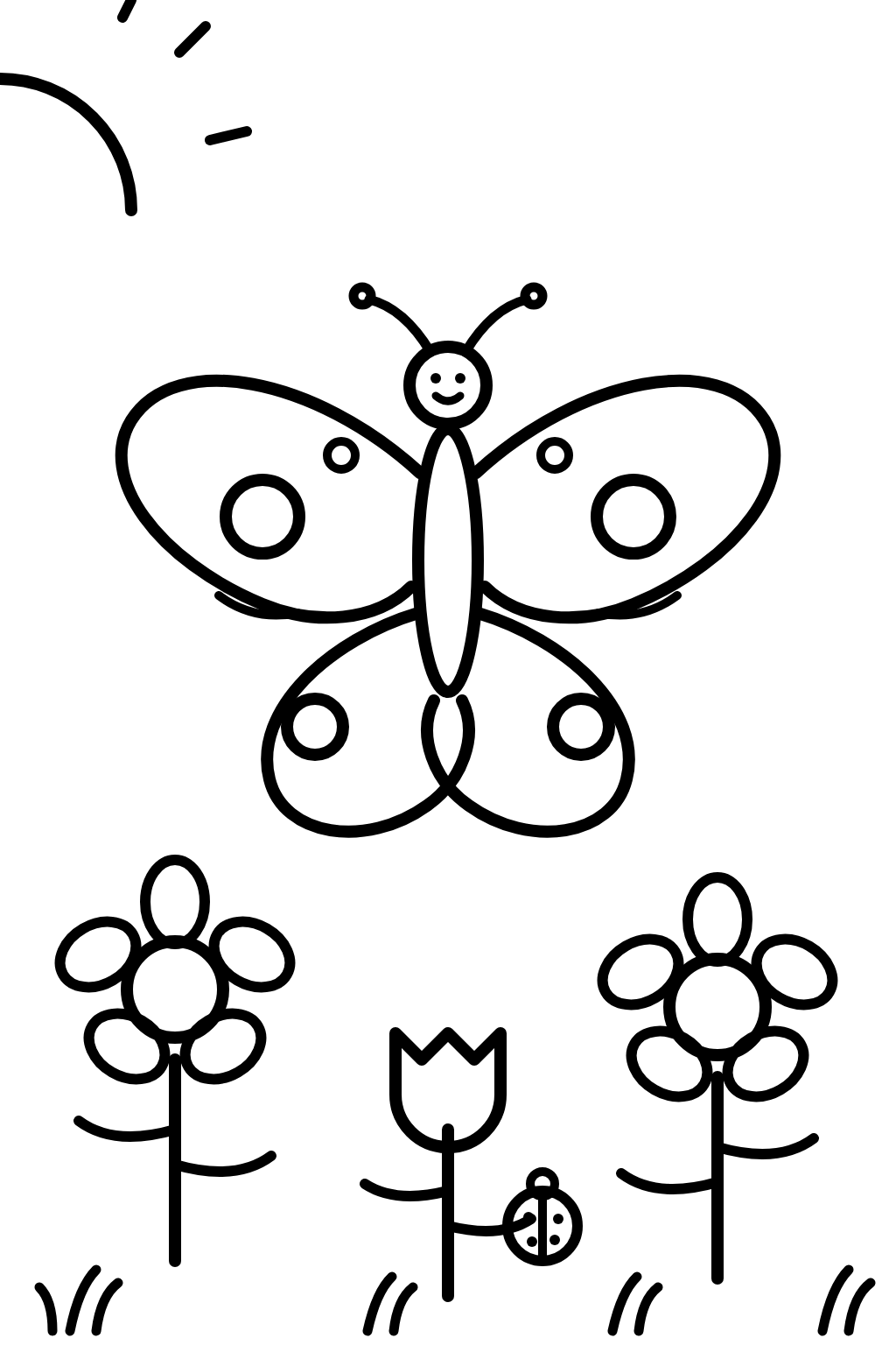 Colouring page of a smiling butterfly above three flowers, with a ladybird and the sun