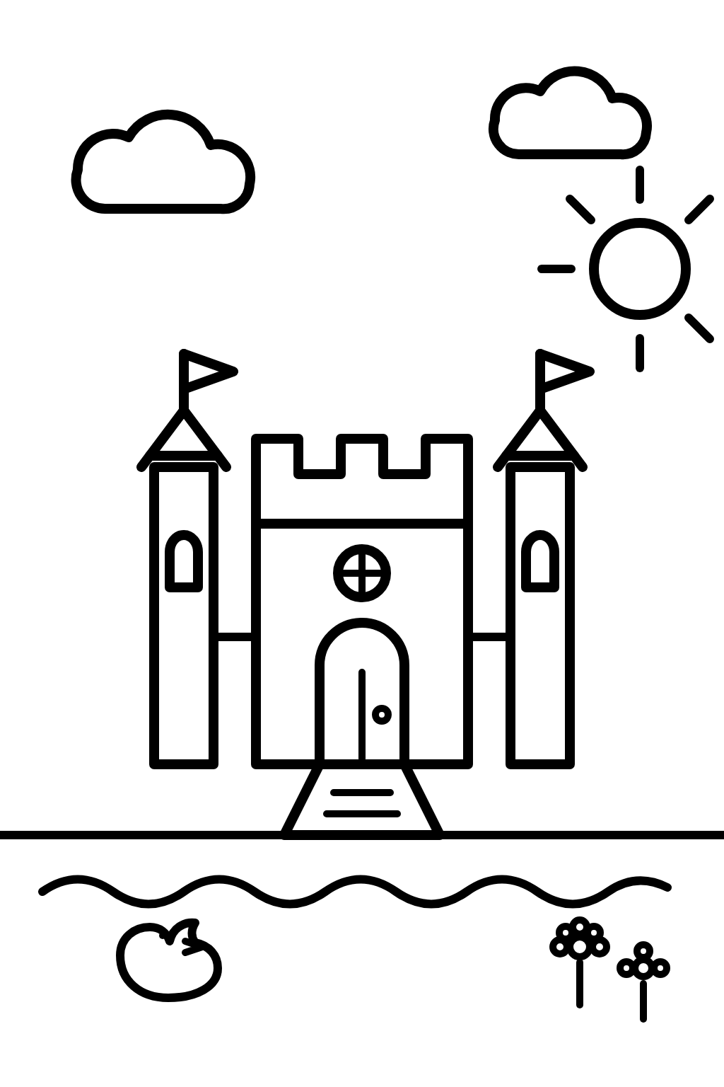 Colouring page of a castle beside a lake with a sun and clouds