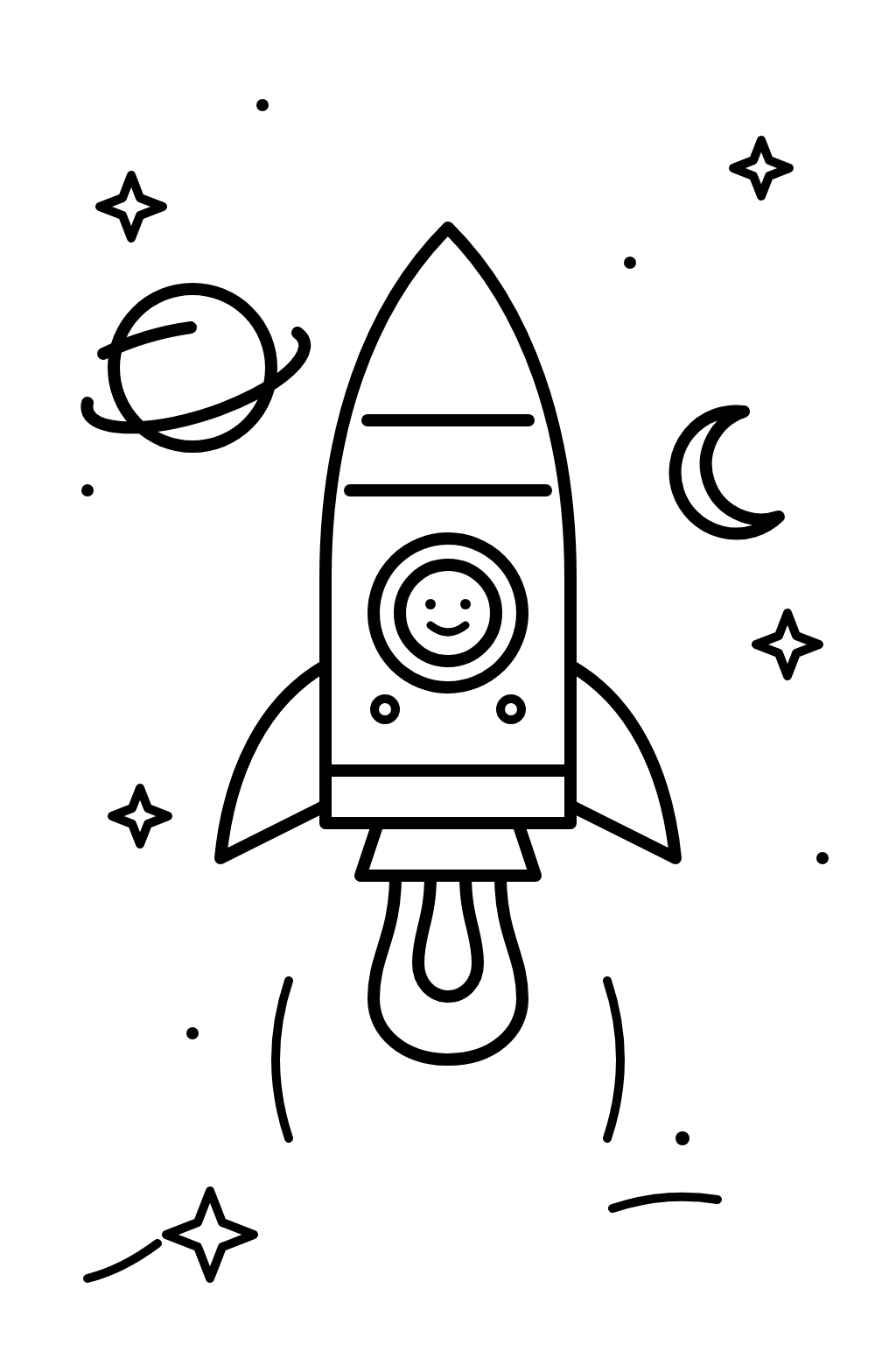 Colouring page of a rocket flying past planets and stars